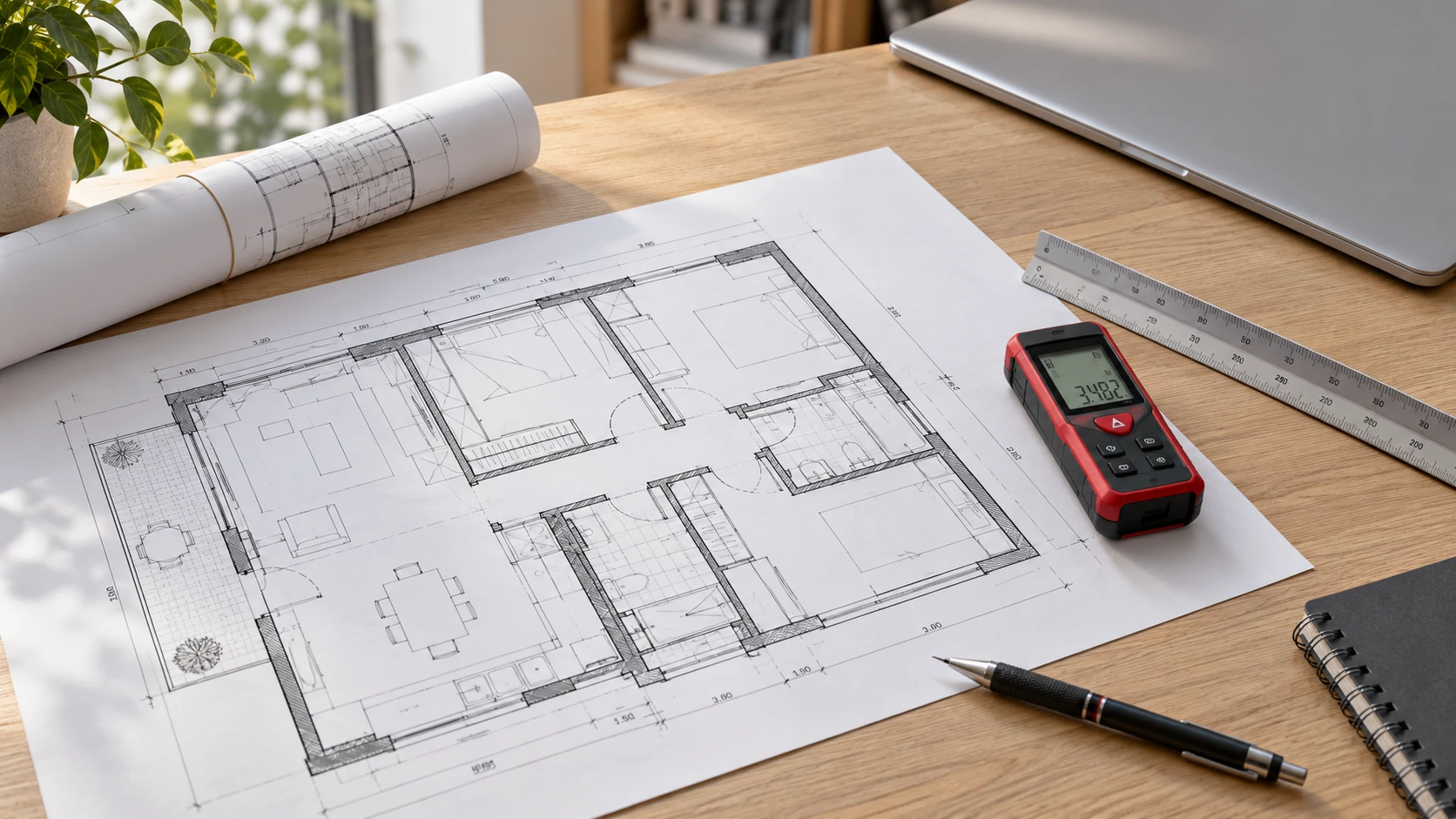 Plano de una vivienda sobre un escritorio con medidor láser y herramientas de dibujo